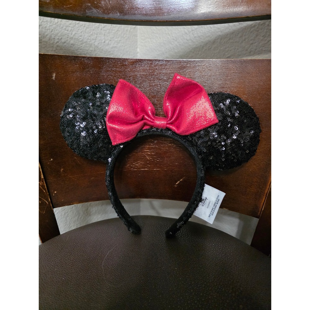 Disney Parks Minnie Mouse Sequin Ear Headband Black with Metallic Red Bow